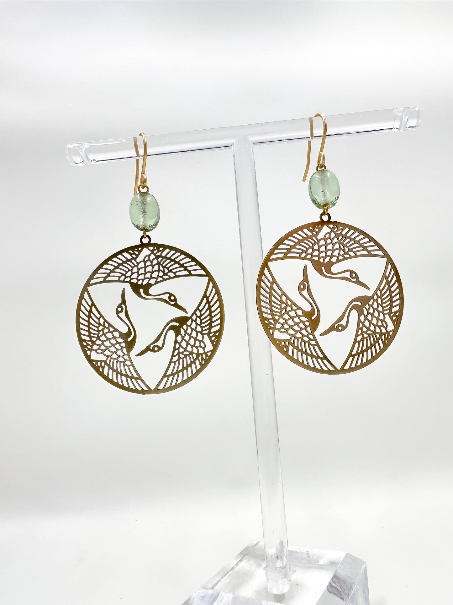 Brass Herons in Flight Earrings in Seafoam Green