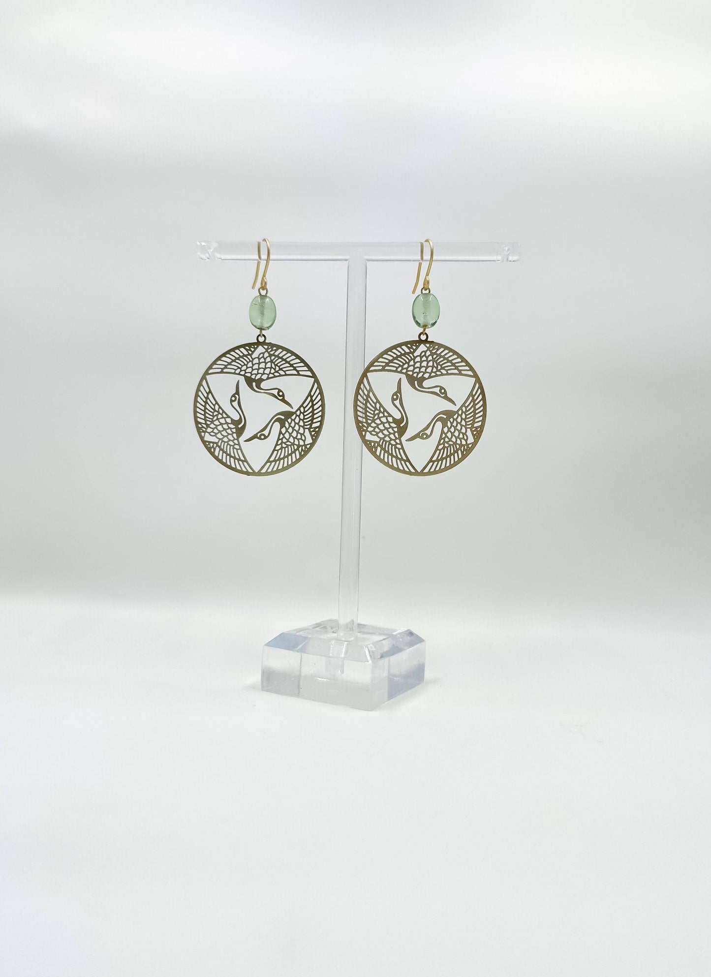 Brass Herons in Flight Earrings in Seafoam Green