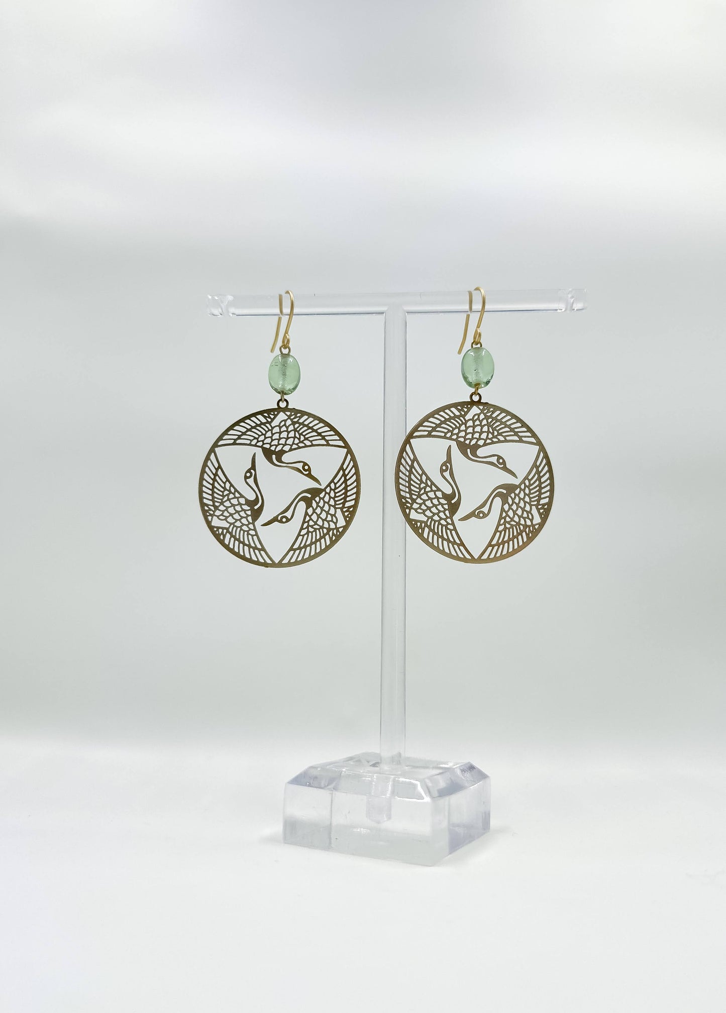 Brass Herons in Flight Earrings in Seafoam Green