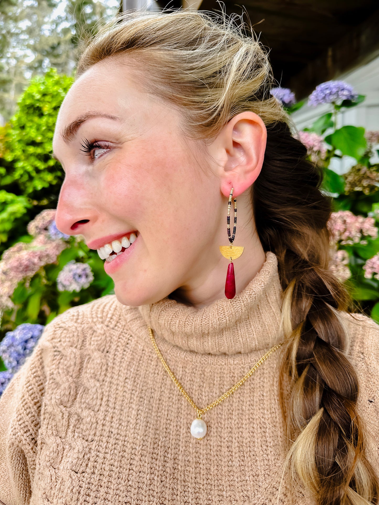 Strawberry Quartz Drop Hoops with Gold and Amethyst Seed Beads