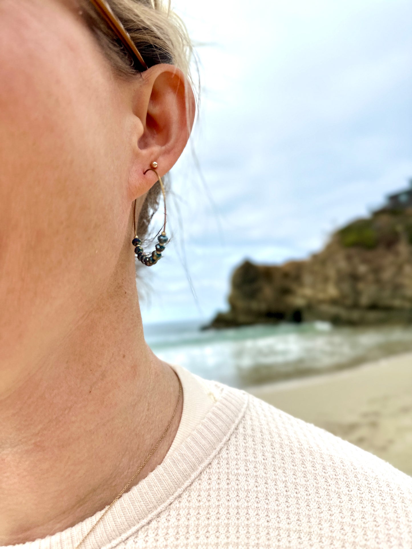 Simple Beaded Hoops in Gold and Iridescent Steel Blue
