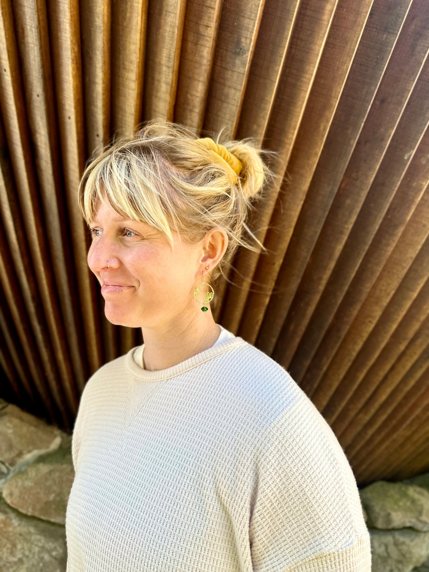 Peeking Flowers Hoops in Emerald Green