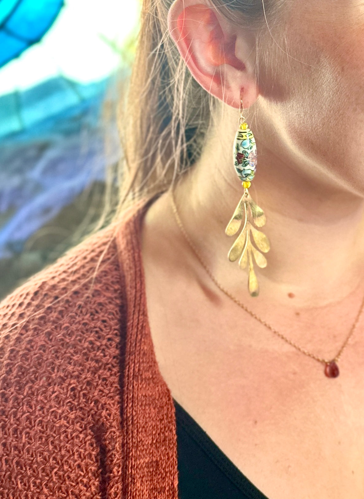 Vintage Porcelain Hand Painted Leafy and Geometric Bead Earrings with Brushed Brass Leaves
