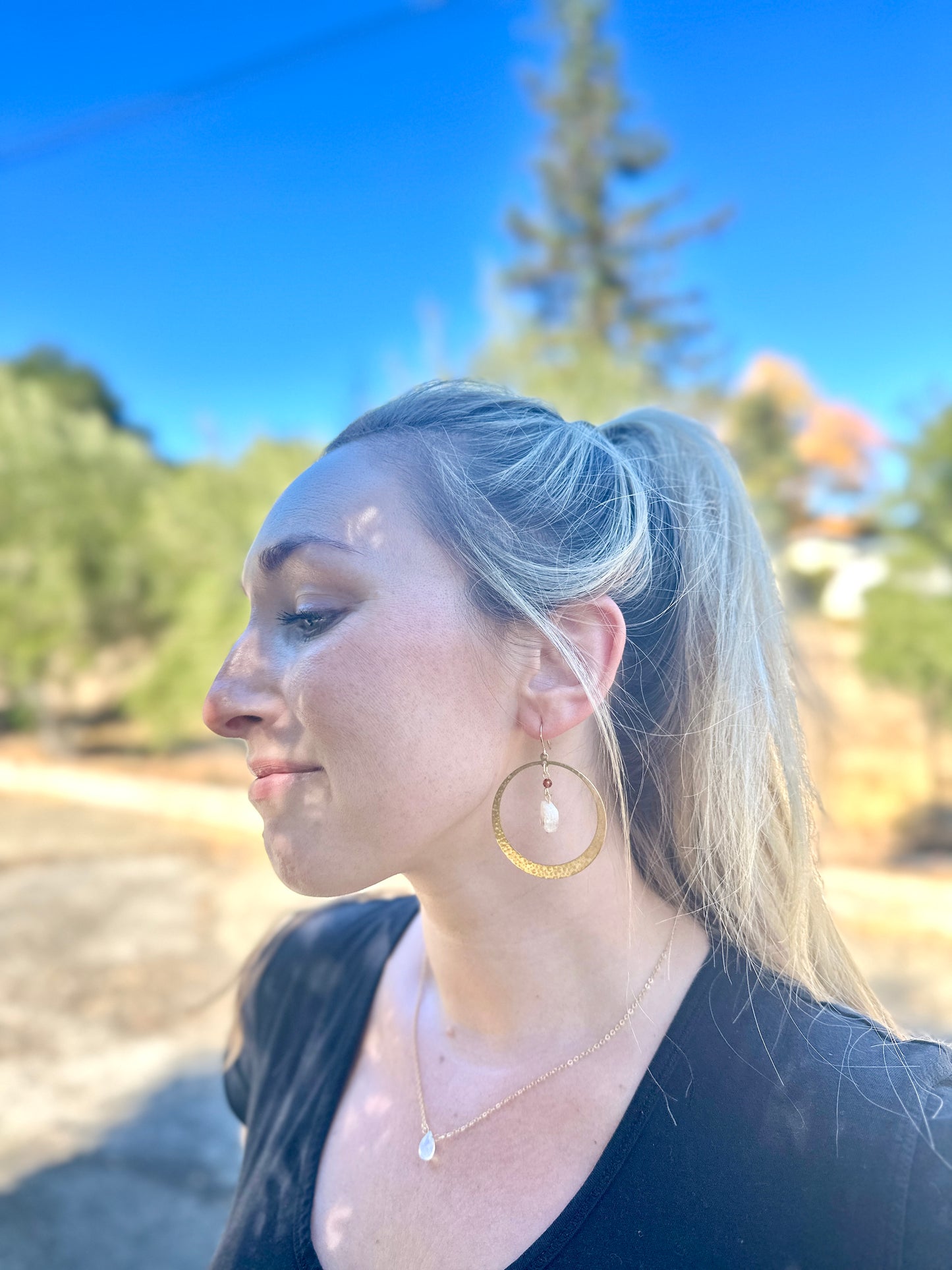 Faceted Pale Citrine + Hammered Brass Hoops