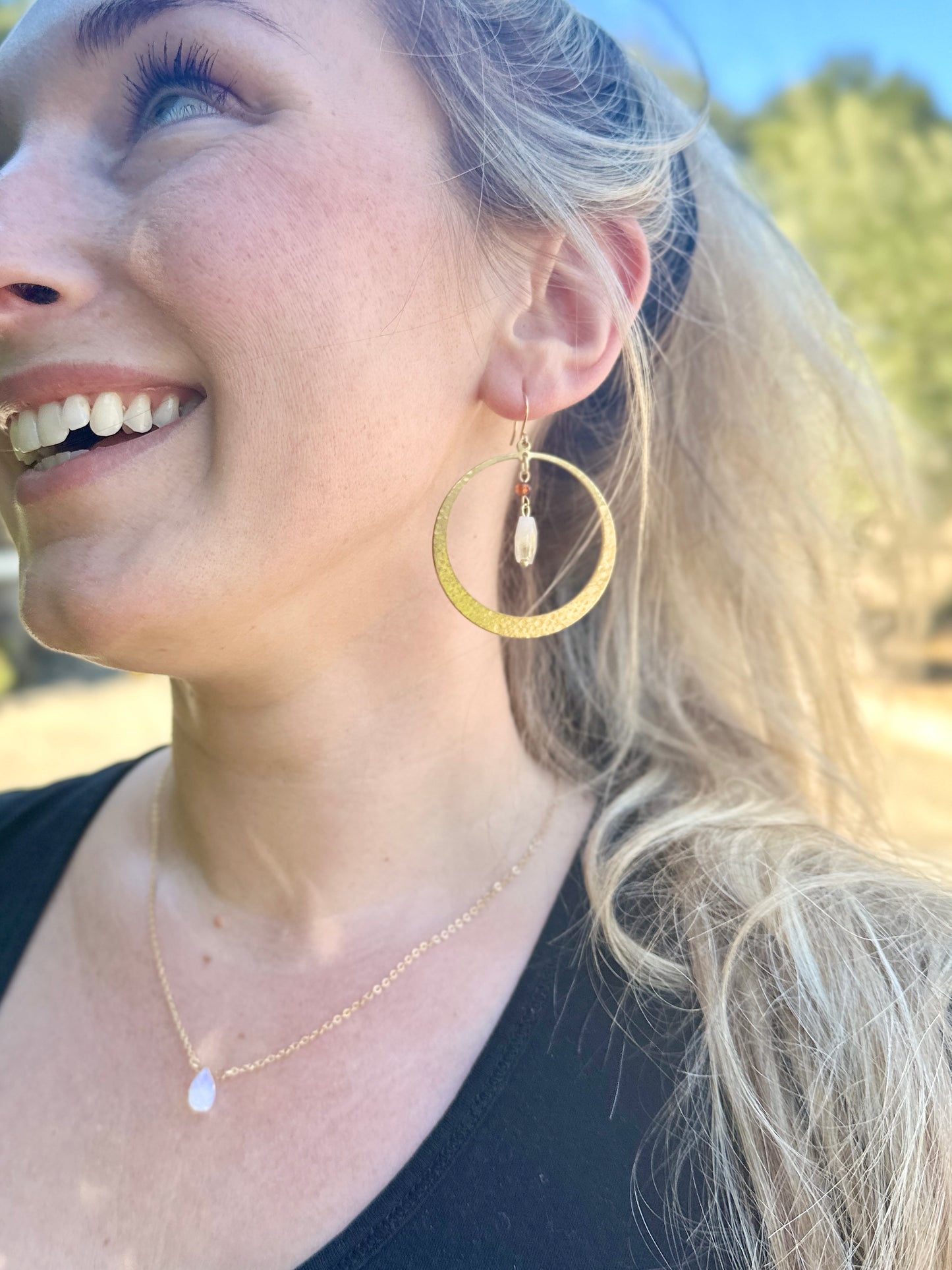 Faceted Pale Citrine + Hammered Brass Hoops