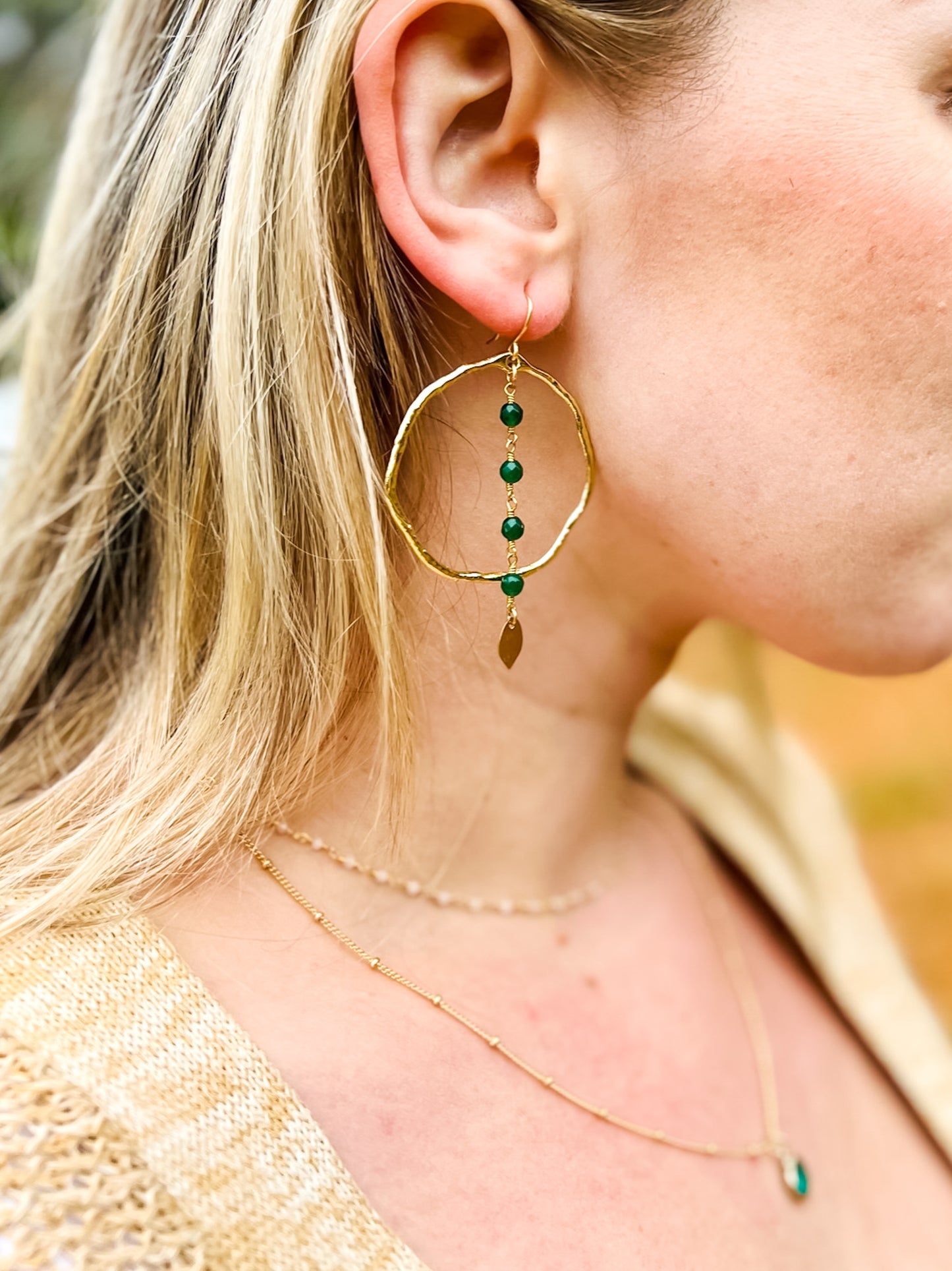 Emerald Green Jade Rosary Hoop Earrings