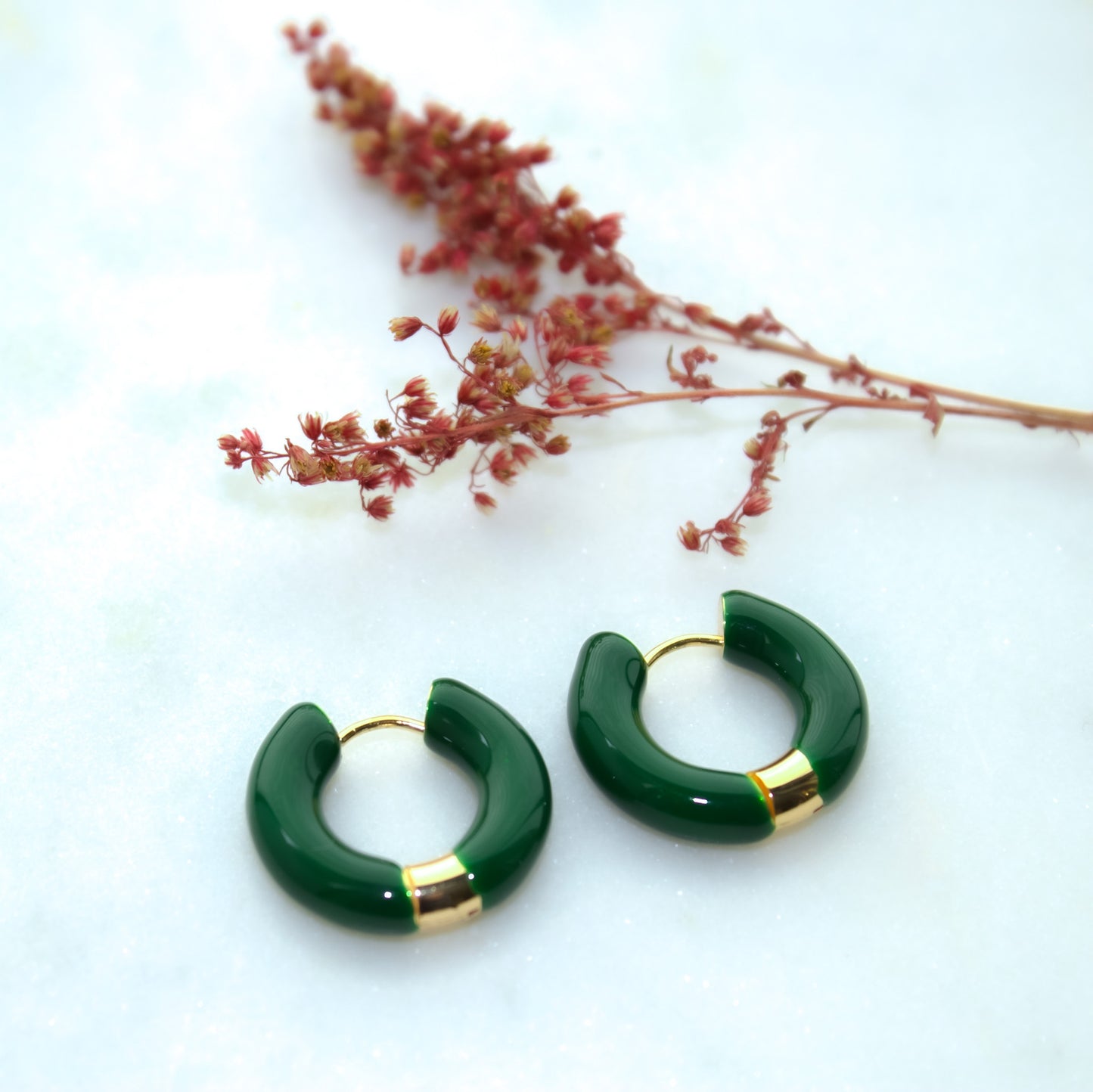 Huggie Hoops in Jade Green and Gold