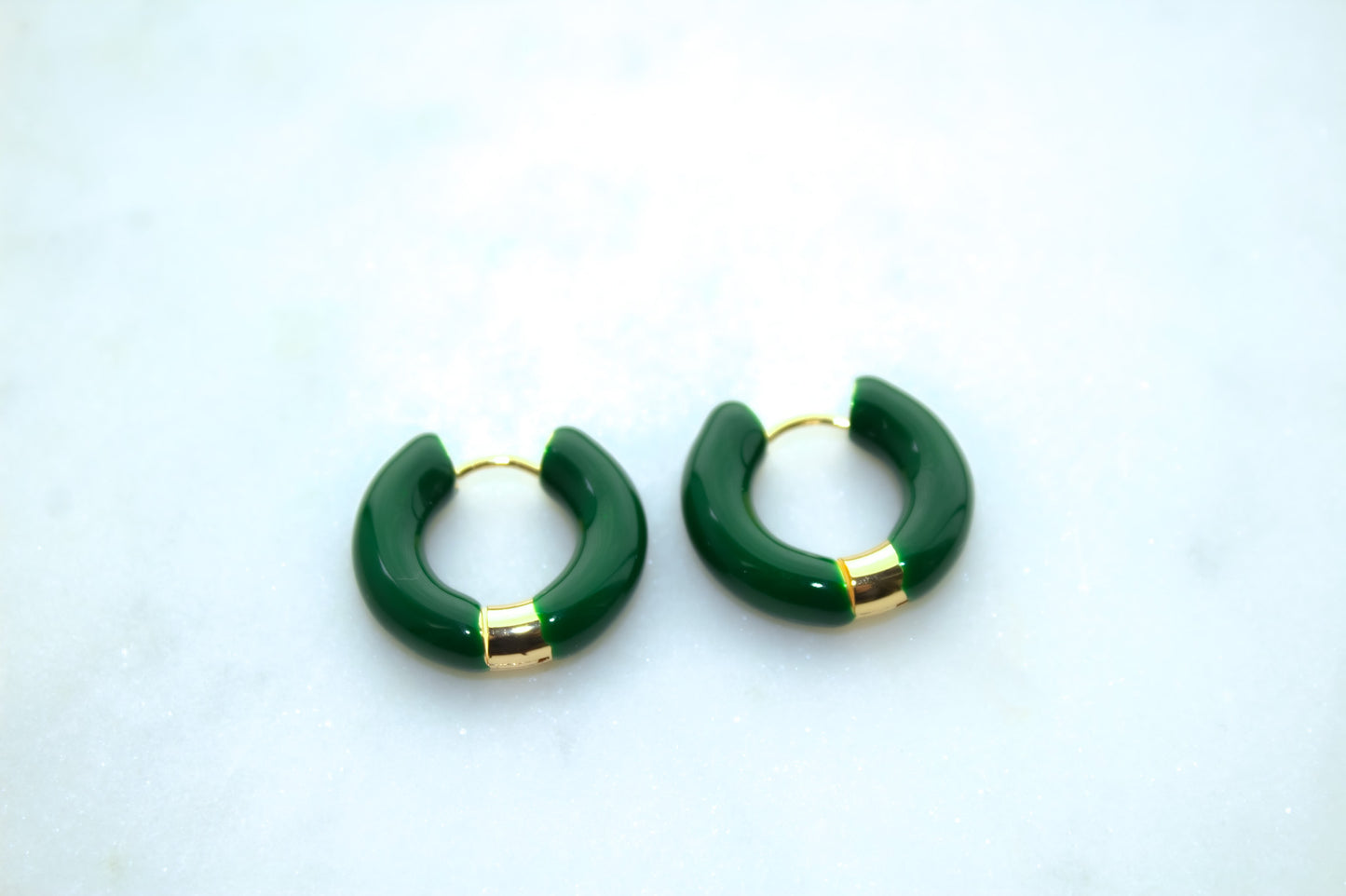 Huggie Hoops in Jade Green and Gold