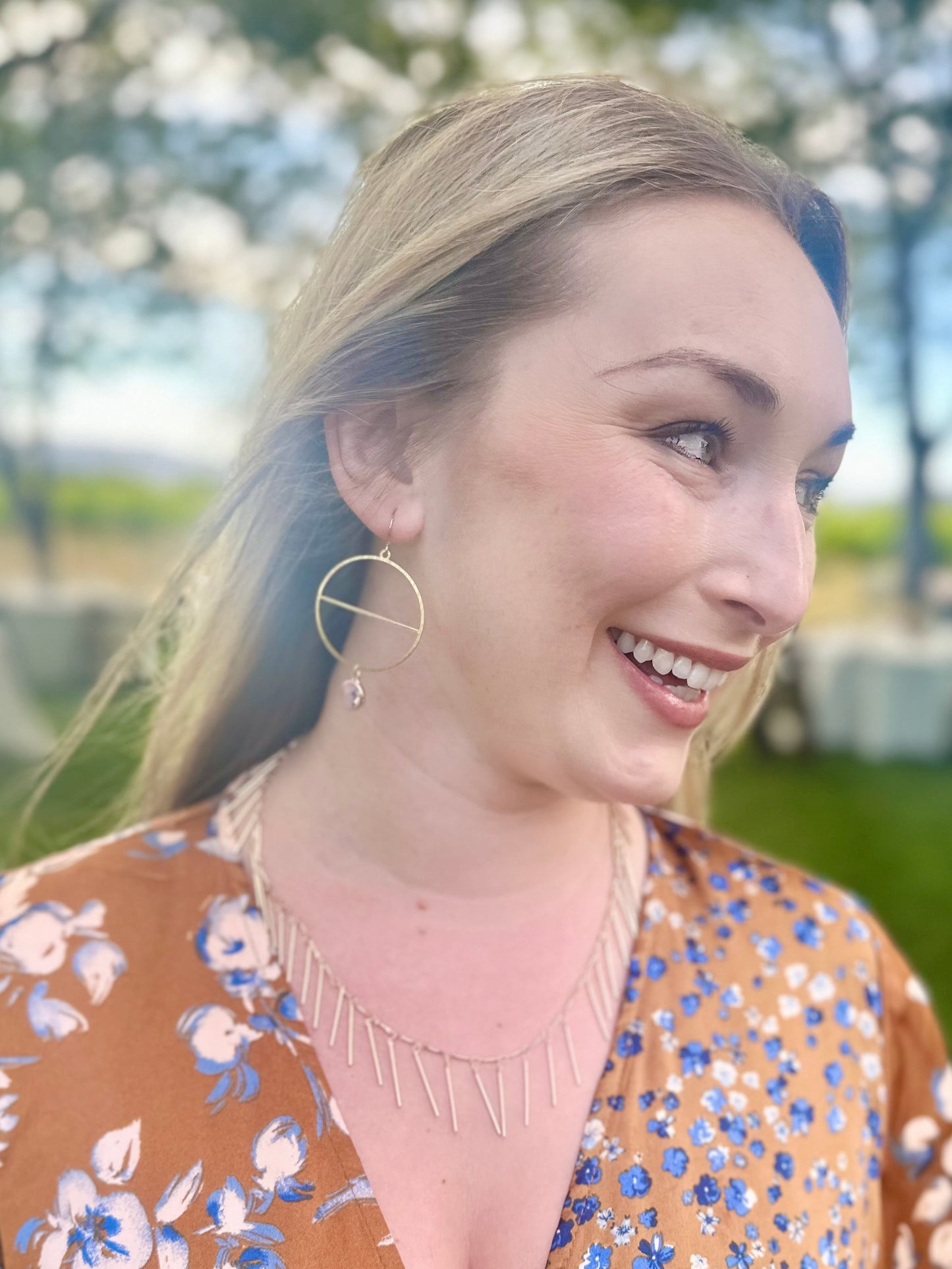 Modern Brass Hoops Earrings and Cloudy Rose Bead