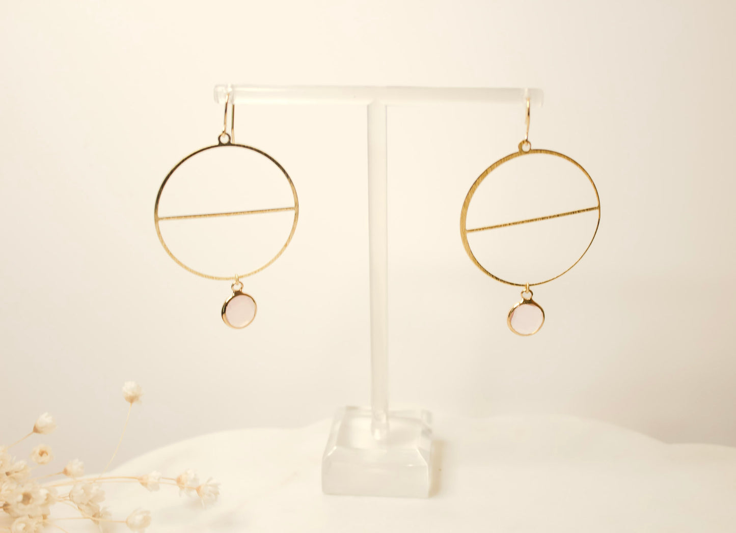 Modern Brass Hoops Earrings and Cloudy Rose Bead