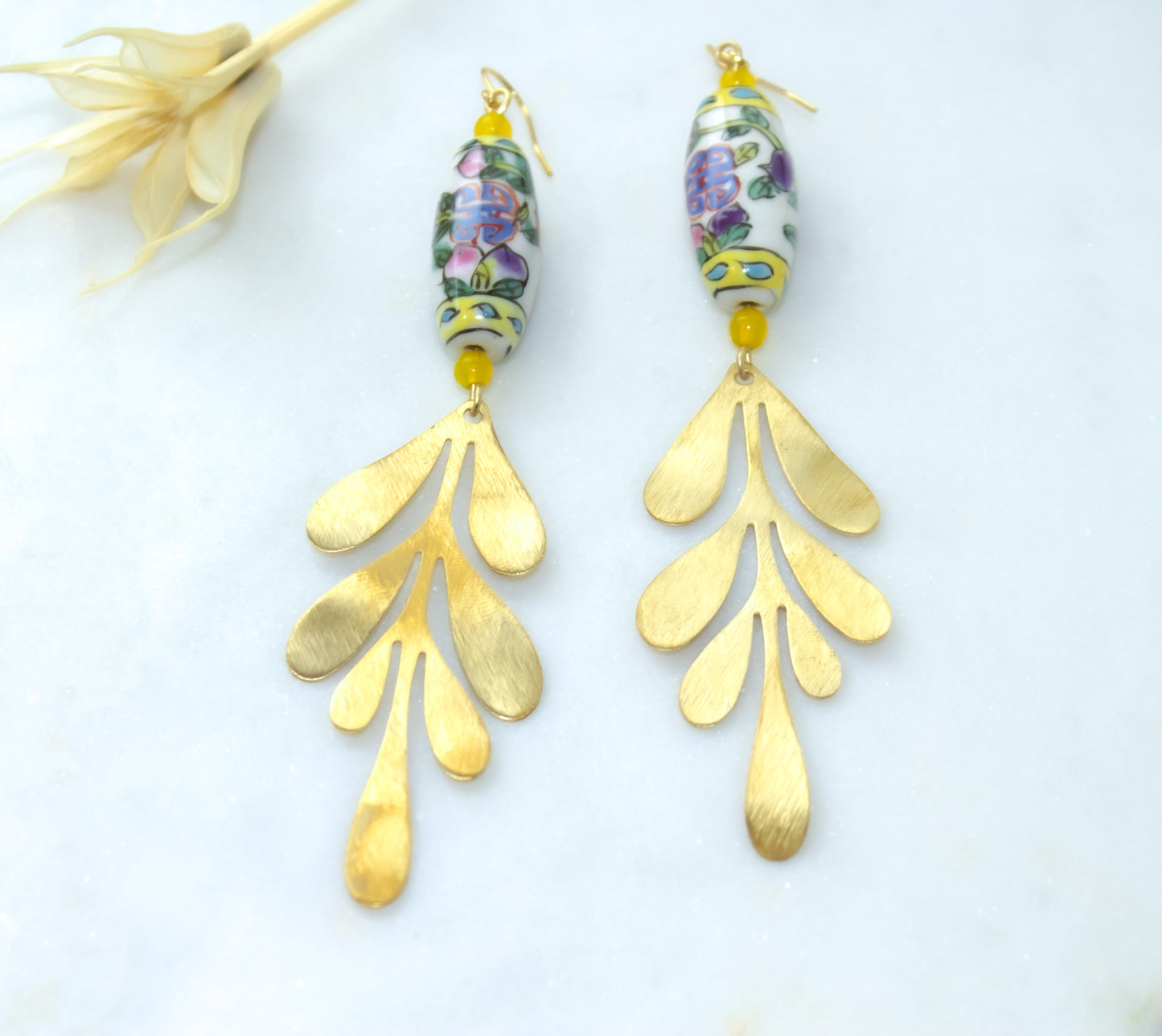 Vintage Porcelain Hand Painted Leafy and Geometric Bead Earrings with Brushed Brass Leaves
