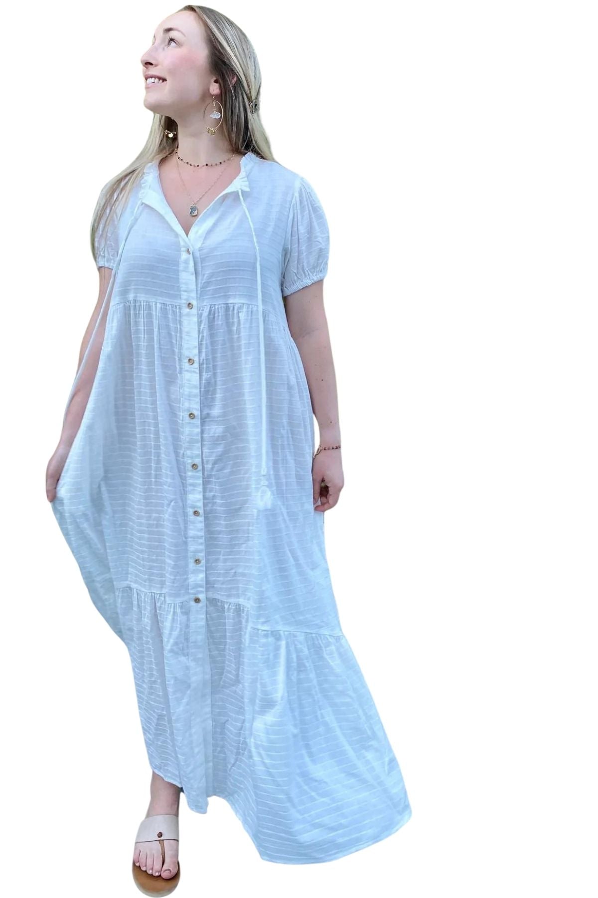 Checked Button Down Maxi Dress with Puff Sleeves in White