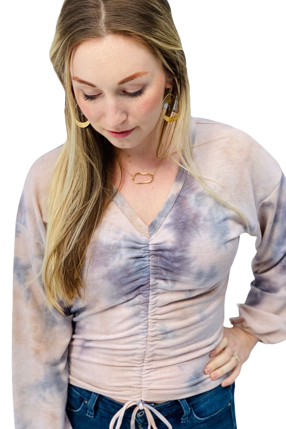 (M) Tie Dye Ruched Top in Taupe