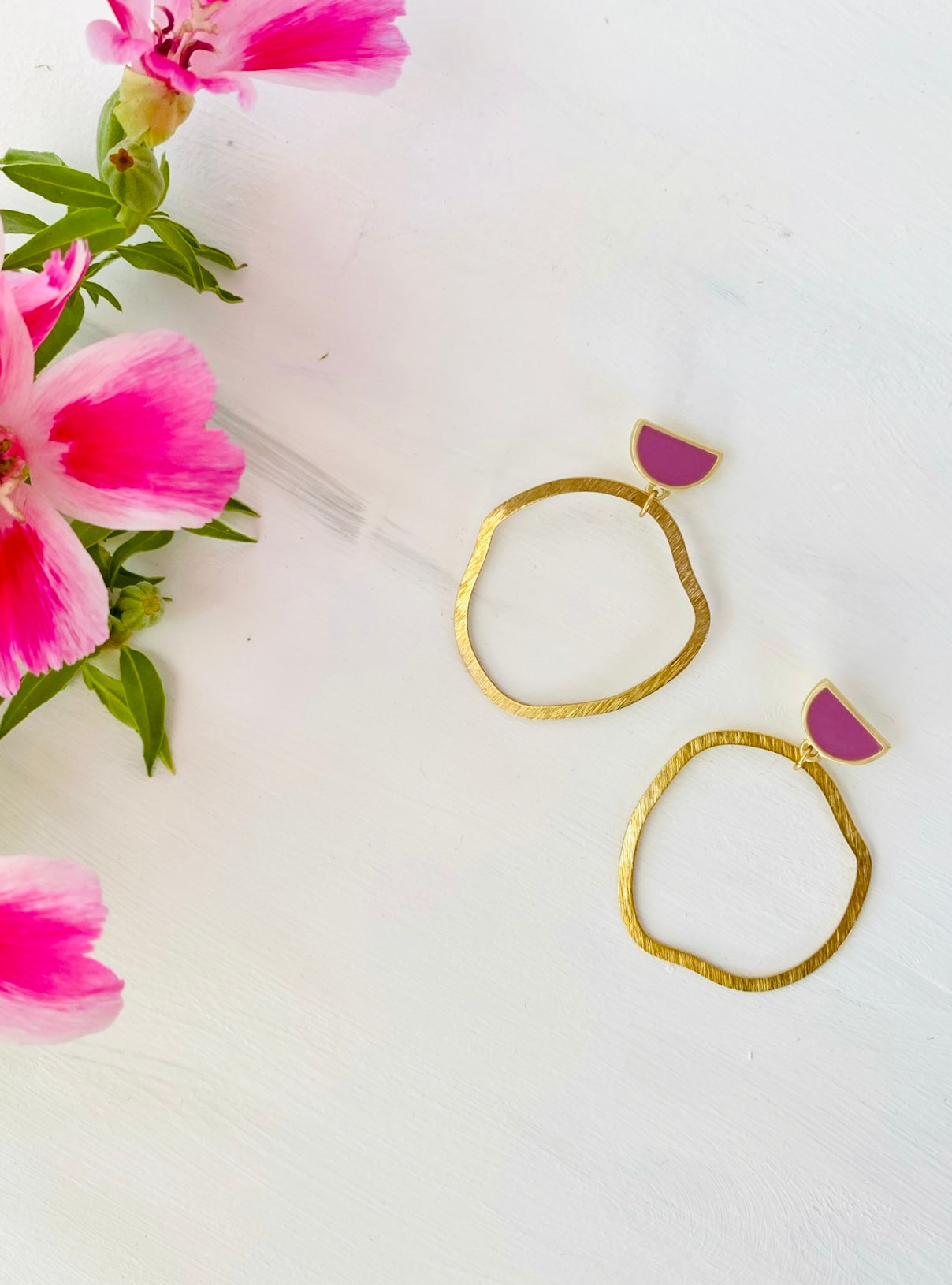 Abstract Hoop Earrings in Gold and Pink