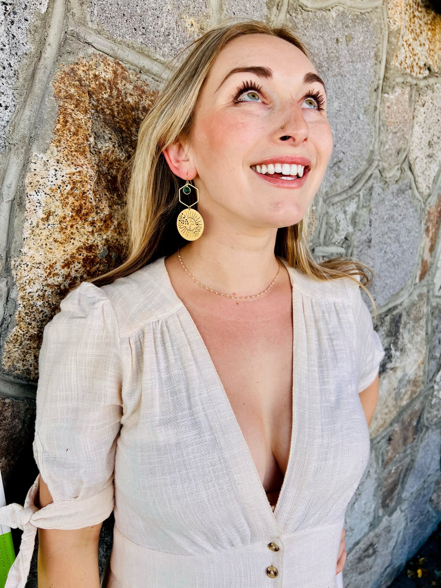 Brass Garden Sun Earrings in Sea Green