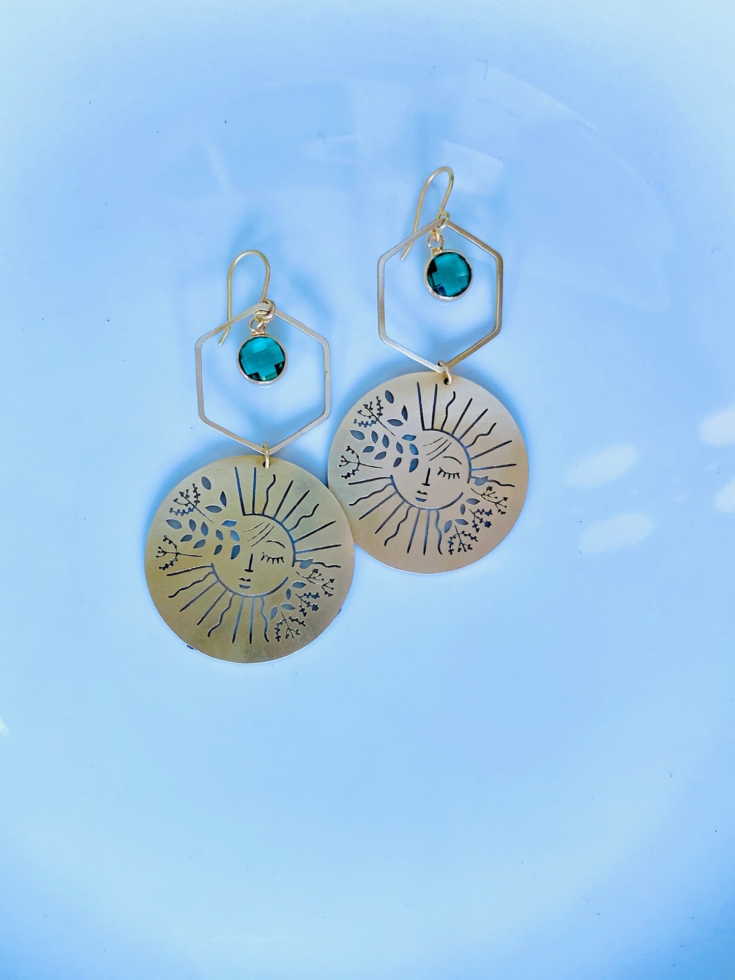 Brass Garden Sun Earrings in Sea Green