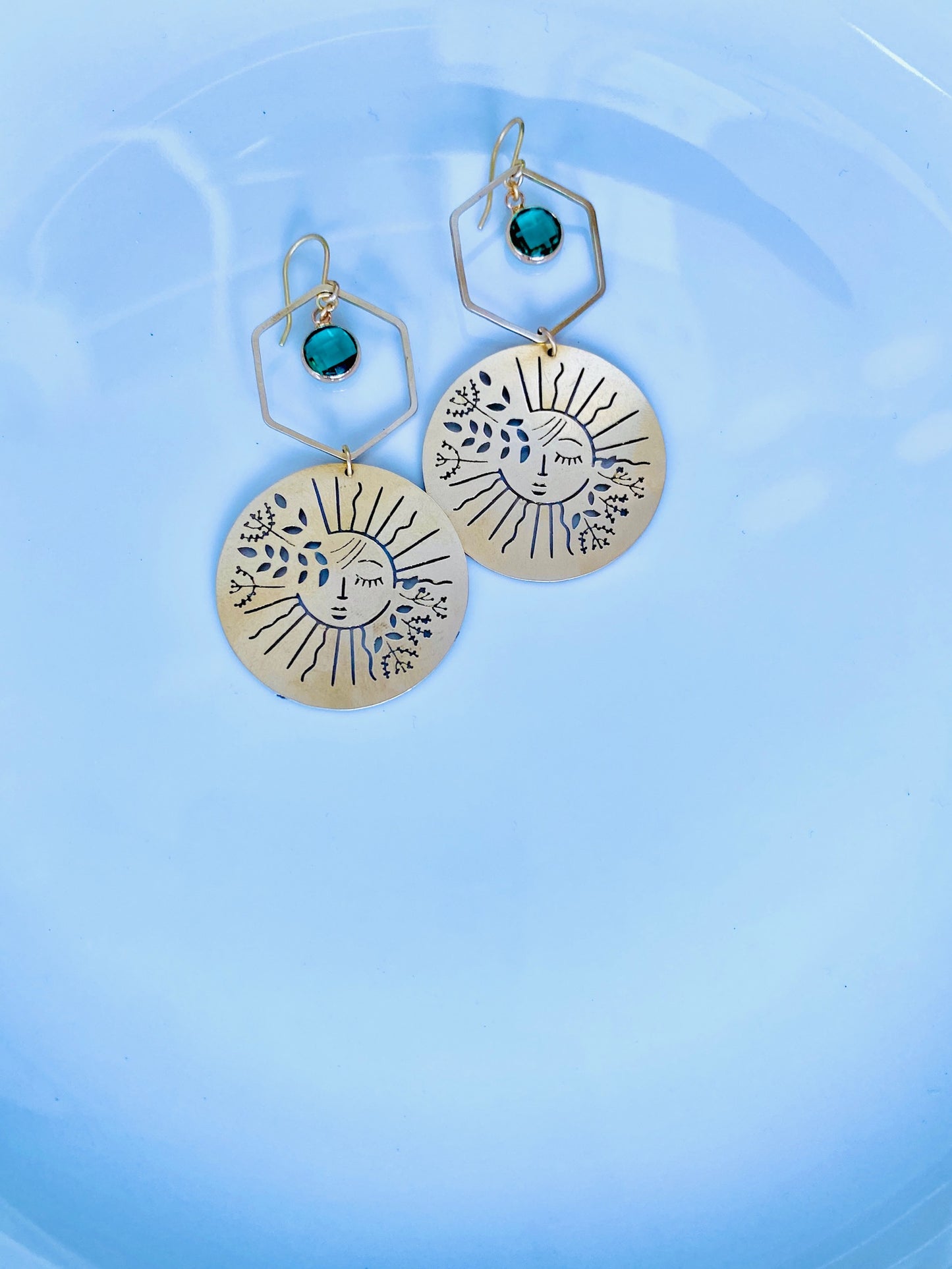 Brass Garden Sun Earrings in Sea Green