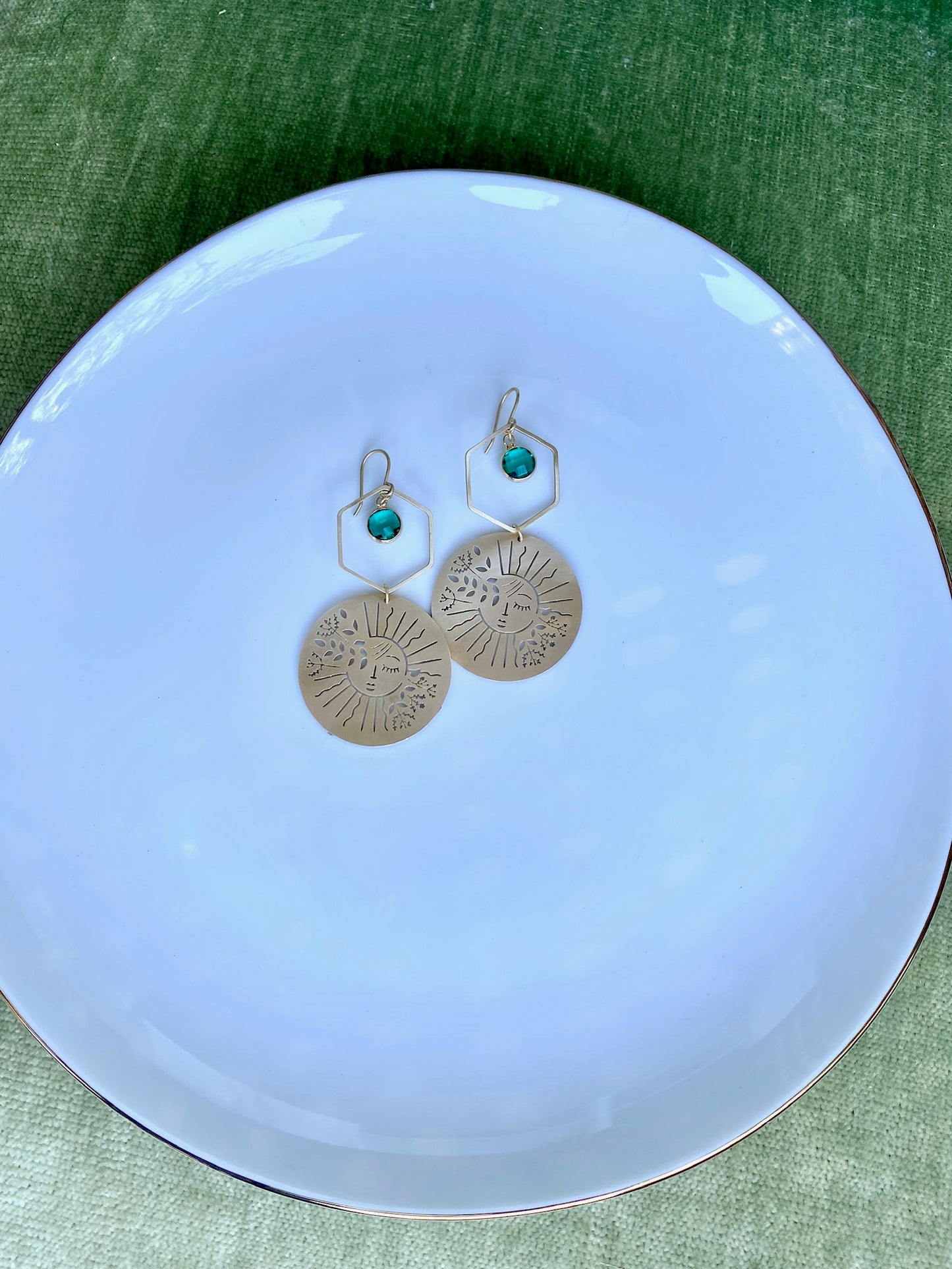 Brass Garden Sun Earrings in Sea Green