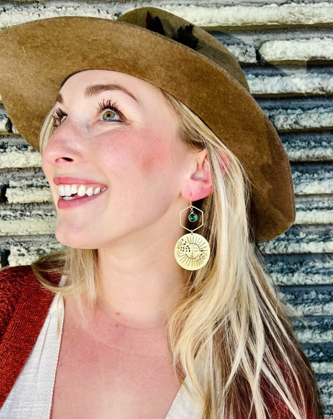 Brass Garden Sun Earrings in Sea Green