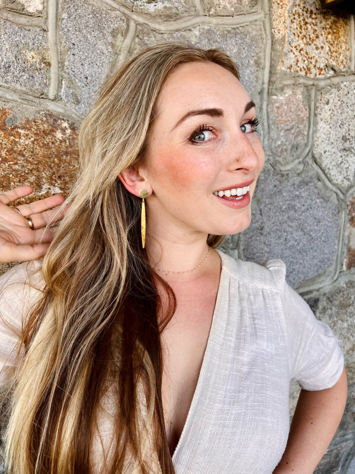 Brushed Brass Hex Earrings