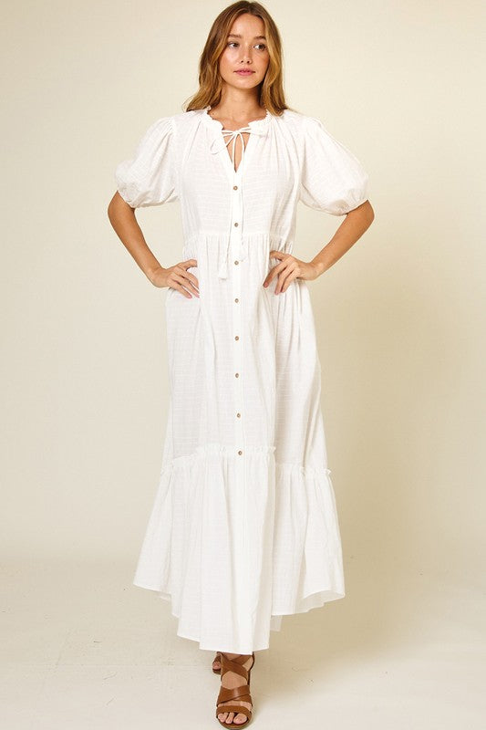 Checked Button Down Maxi Dress with Puff Sleeves in White