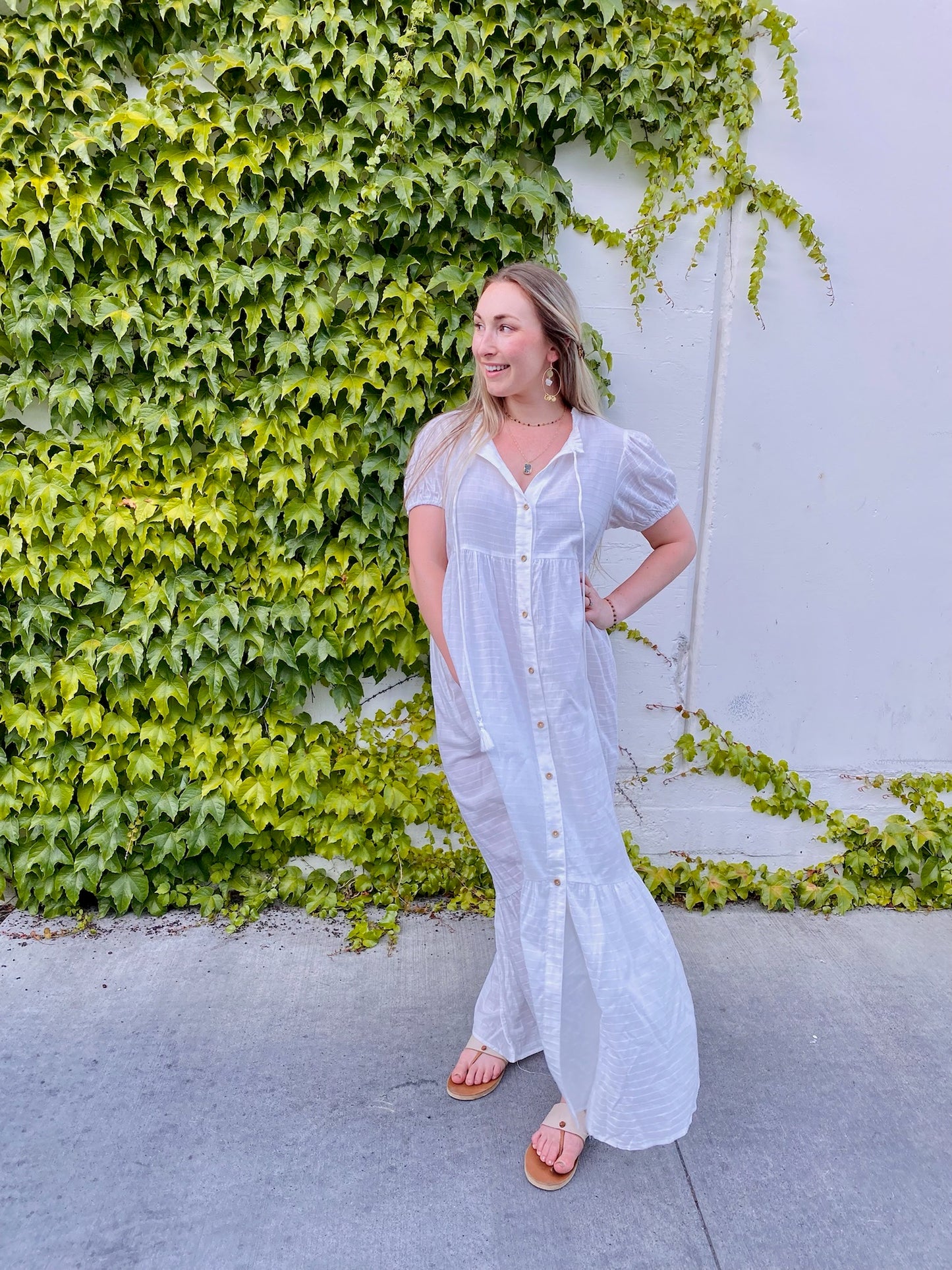 Checked Button Down Maxi Dress with Puff Sleeves in White