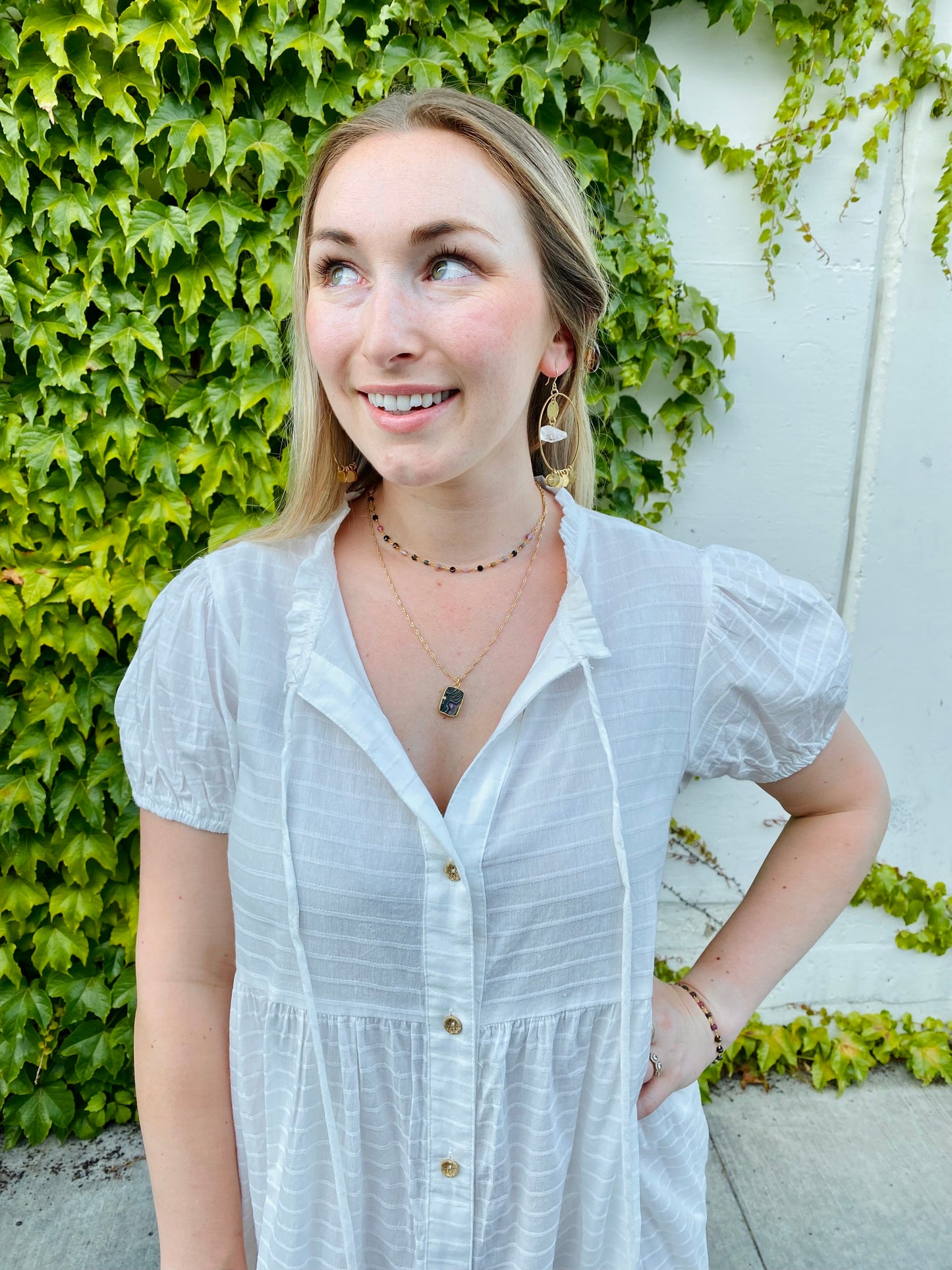 Checked Button Down Maxi Dress with Puff Sleeves in White