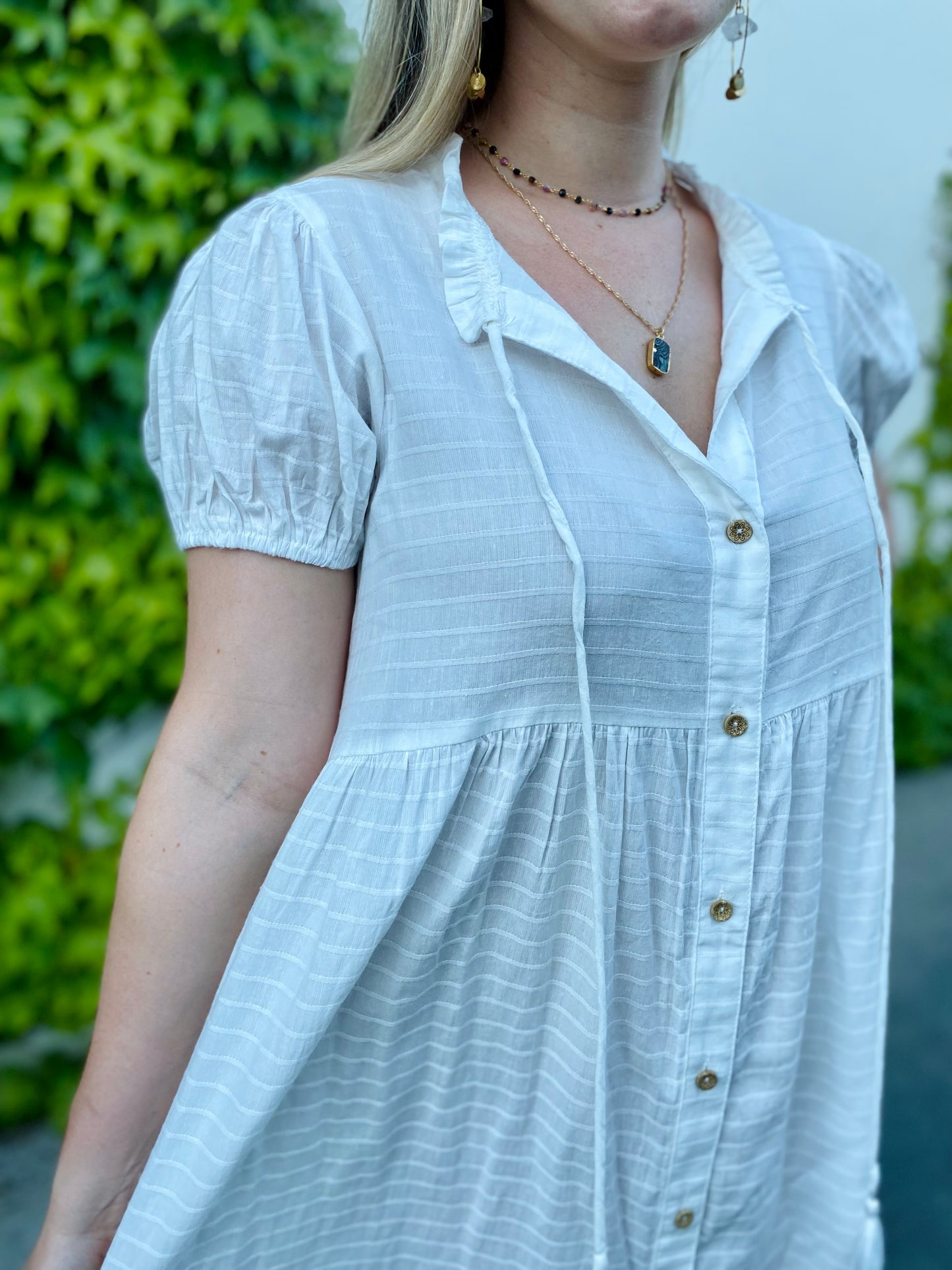 Checked Button Down Maxi Dress with Puff Sleeves in White