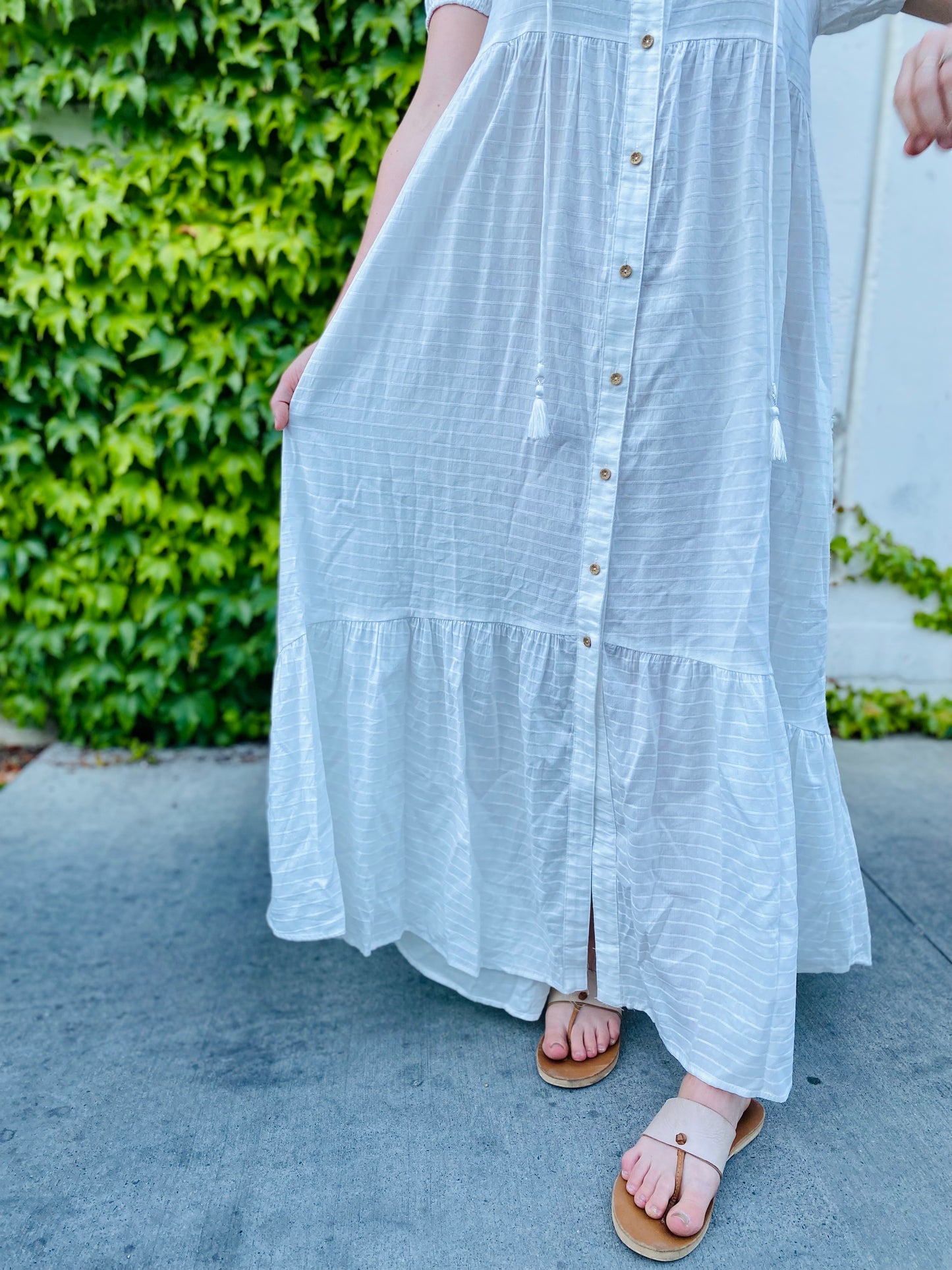 Checked Button Down Maxi Dress with Puff Sleeves in White