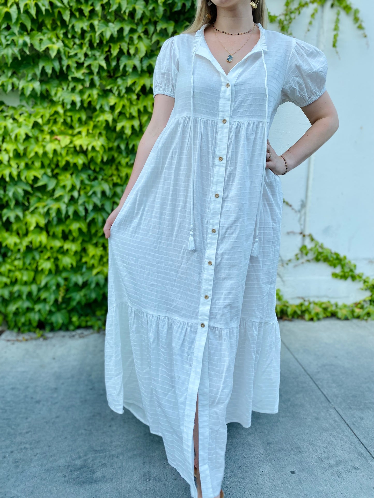 Checked Button Down Maxi Dress with Puff Sleeves in White