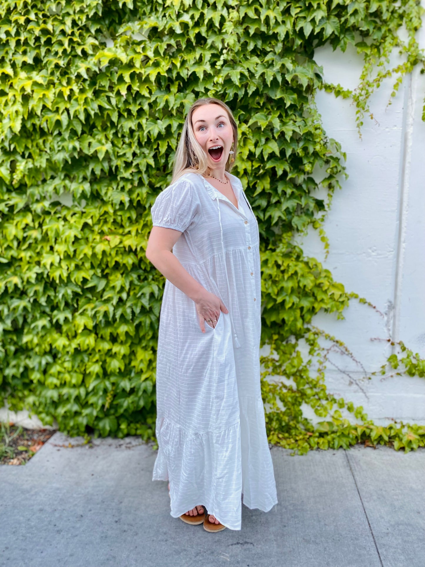 Checked Button Down Maxi Dress with Puff Sleeves in White
