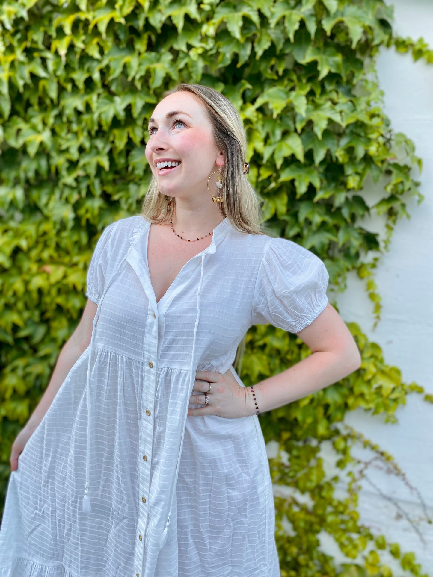 Checked Button Down Maxi Dress with Puff Sleeves in White