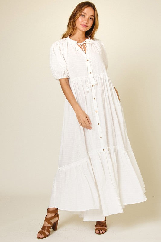 Checked Button Down Maxi Dress with Puff Sleeves in White