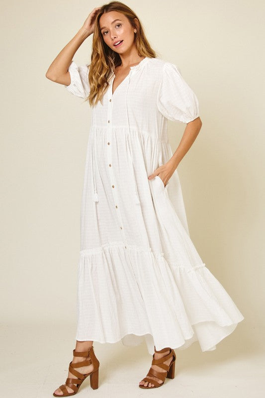Checked Button Down Maxi Dress with Puff Sleeves in White