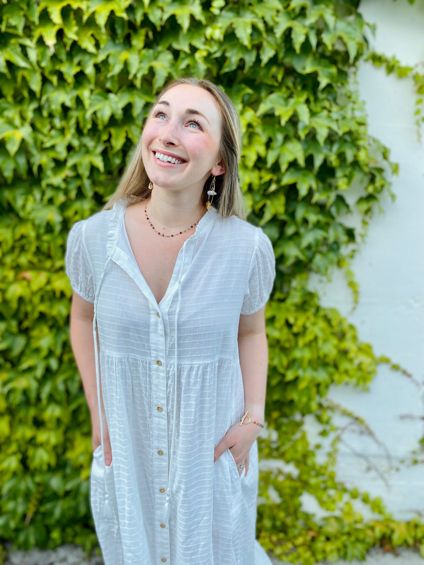 Checked Button Down Maxi Dress with Puff Sleeves in White