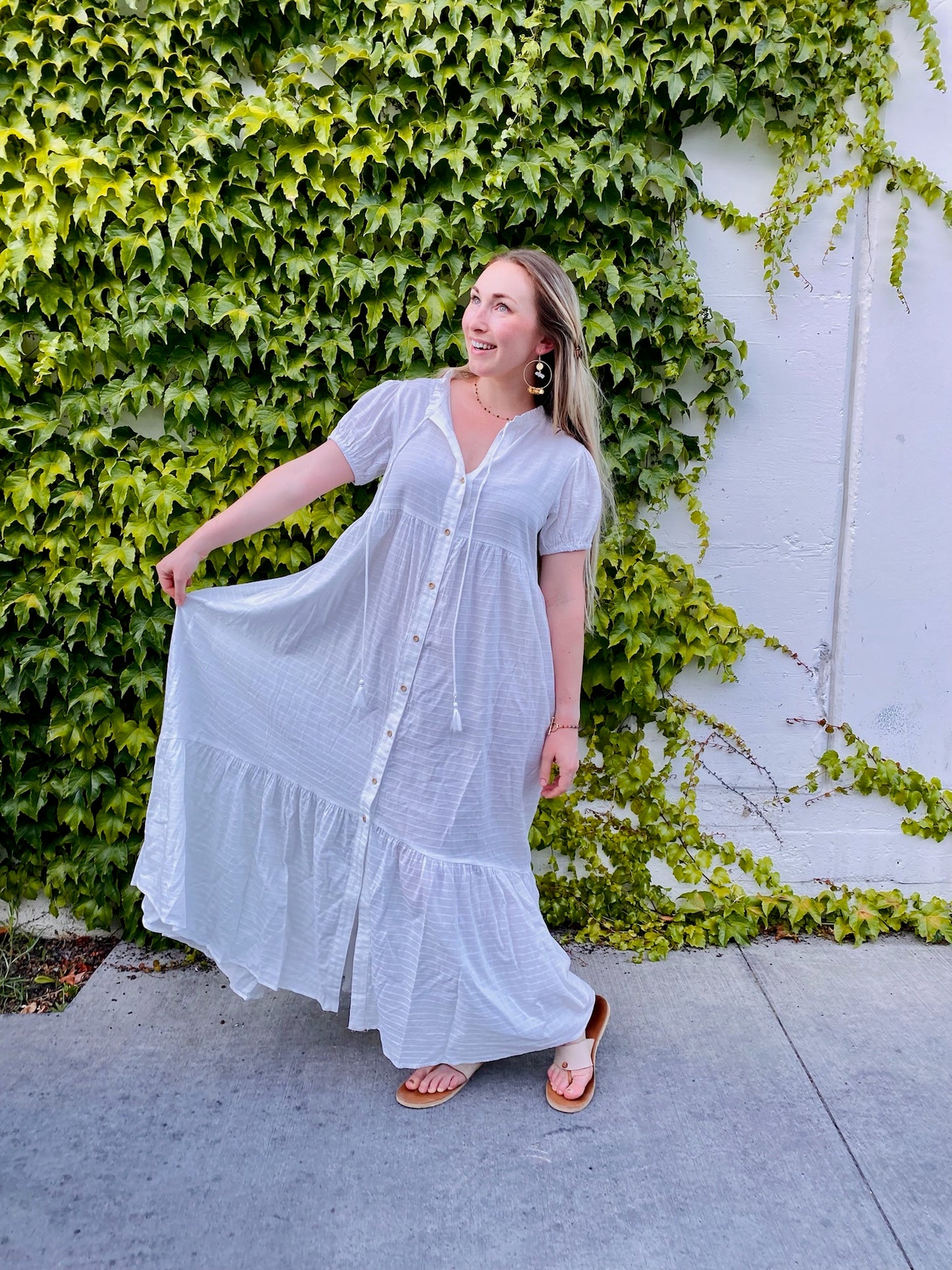 Checked Button Down Maxi Dress with Puff Sleeves in White