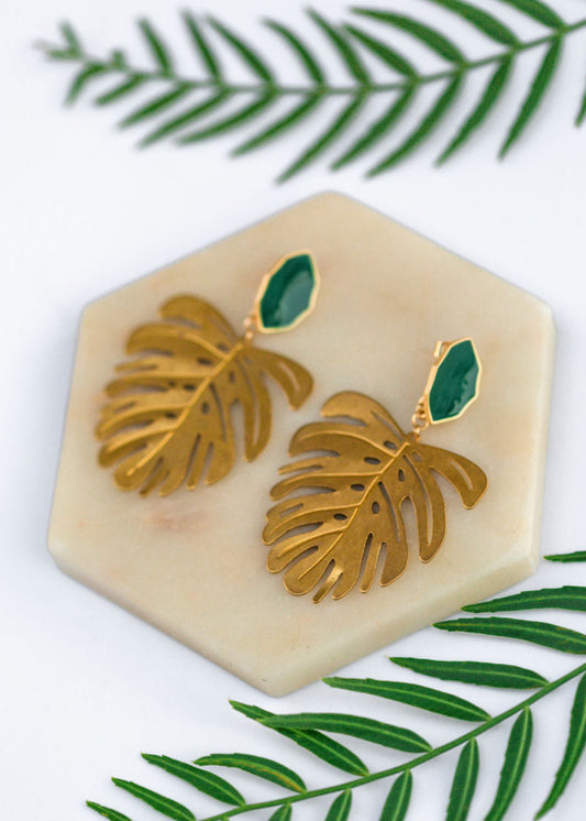 Emerald Monstera Statement Earrings