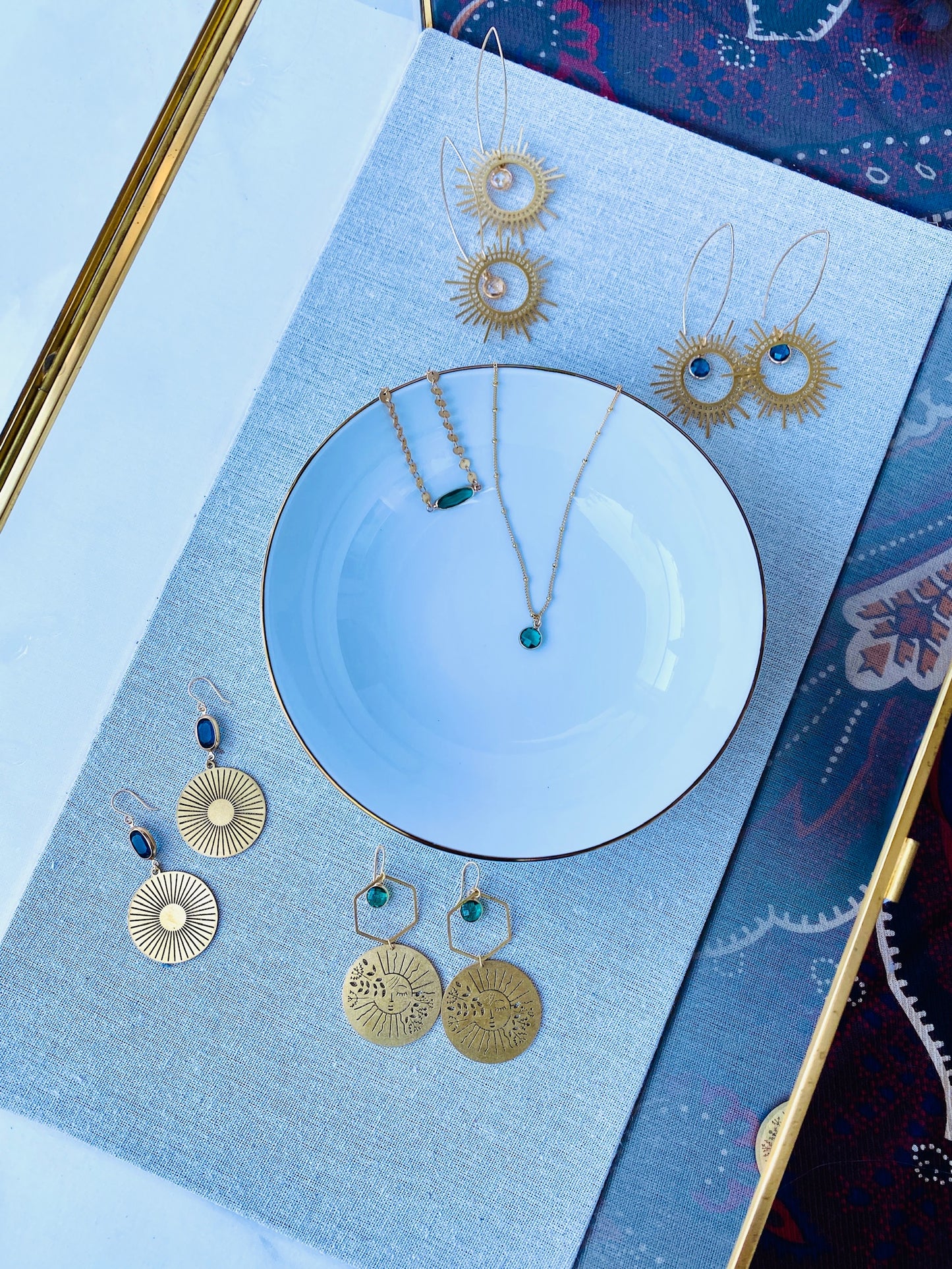 Brass Sun Medallion Earrings in Cobalt Blue