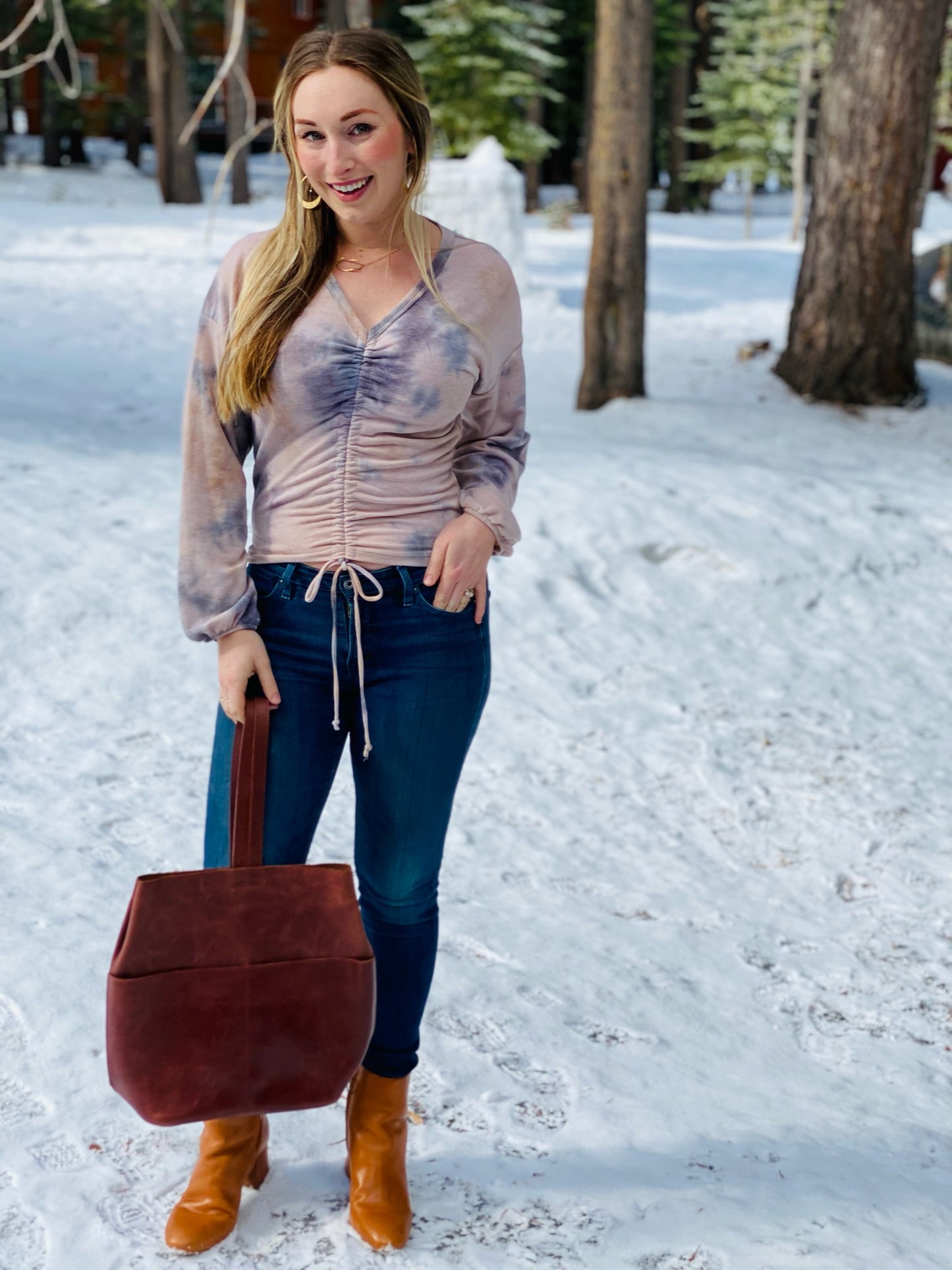 (M) Tie Dye Ruched Top in Taupe