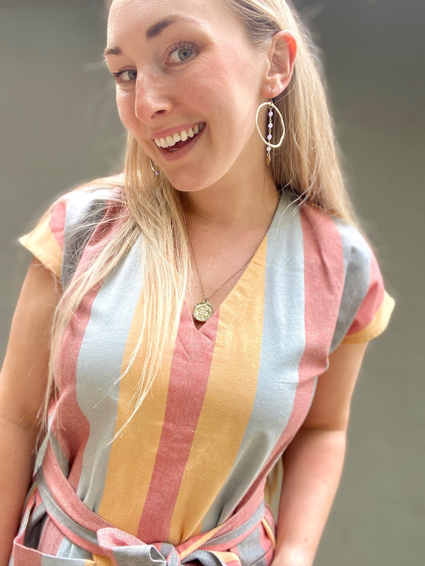 Woven Tunic Style Pocket Dress in Pastel Stripe