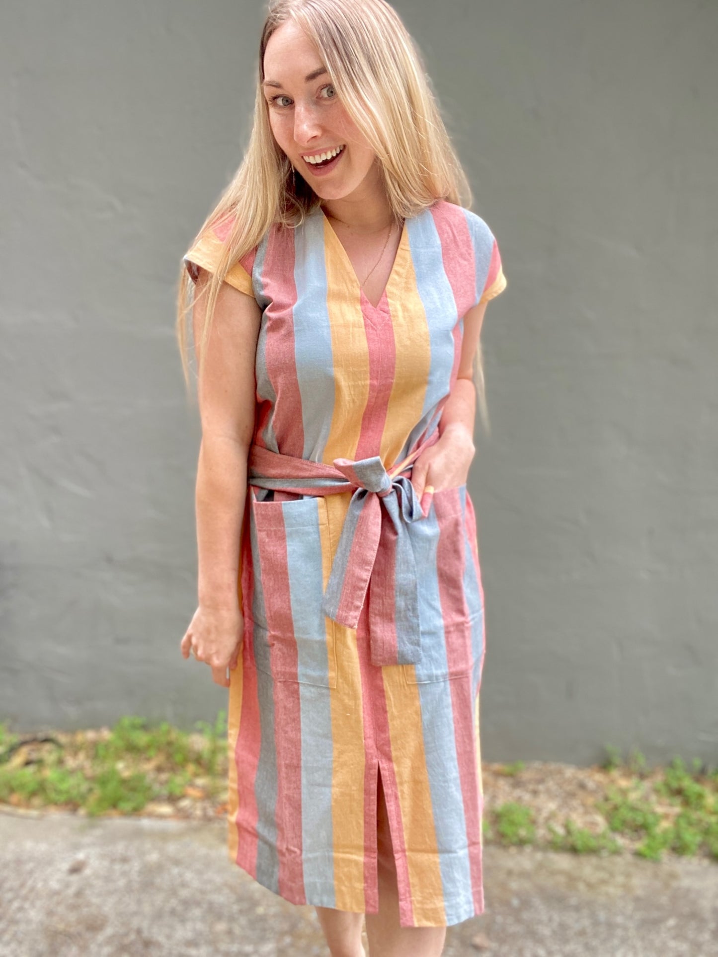 Woven Tunic Style Pocket Dress in Pastel Stripe