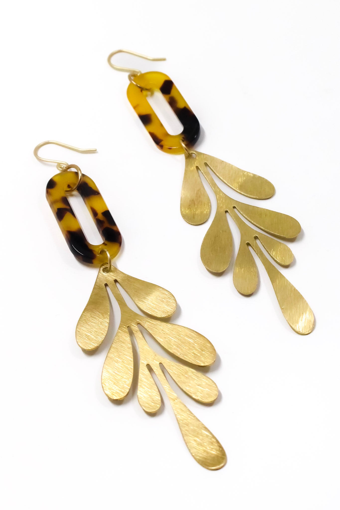 Brown Tortoise and Brass Leaf Earrings