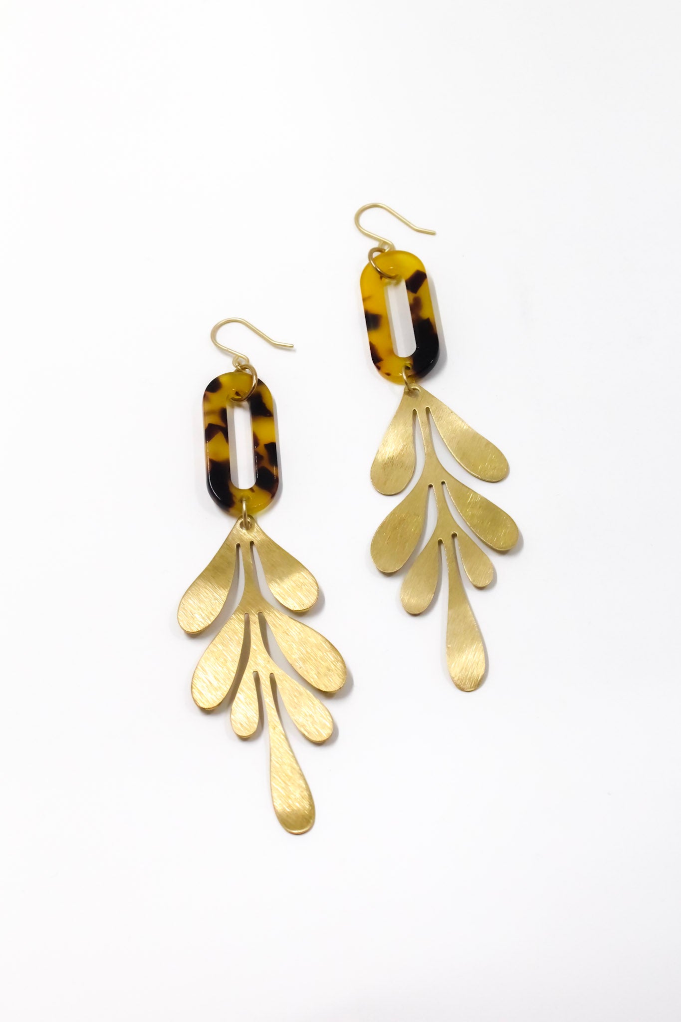 Brown Tortoise and Brass Leaf Earrings