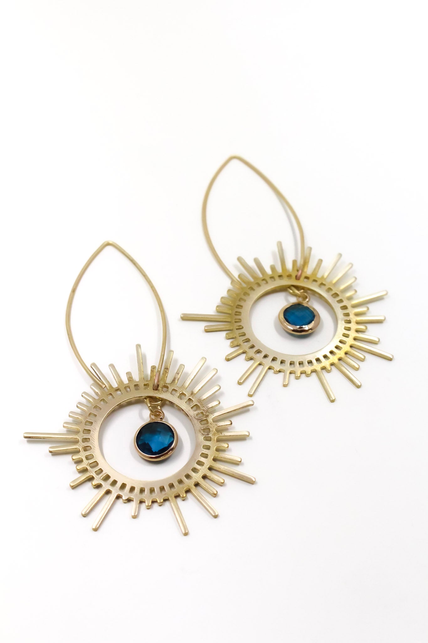 Brass Sunburst Earrings in Peacock Blue