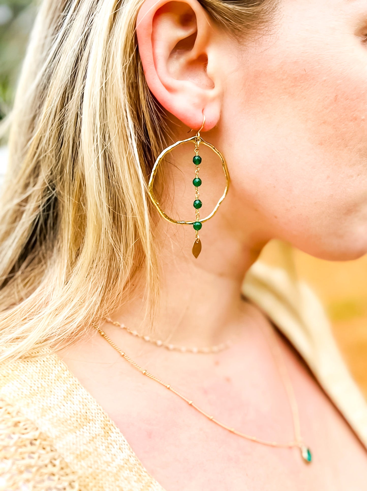 Emerald Green Jade Rosary Hoop Earrings