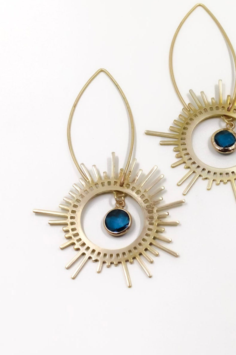 Brass Sunburst Earrings in Peacock Blue