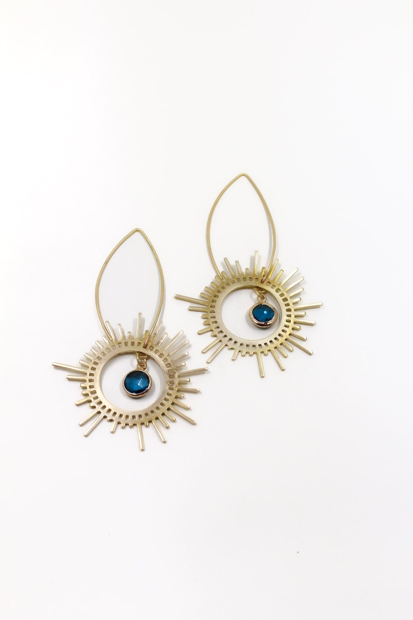 Brass Sunburst Earrings in Peacock Blue