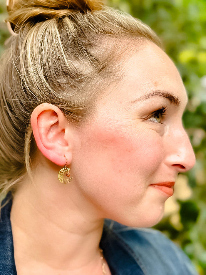 Dainty Brass Floral Moon Earrings with Sandstone Beads