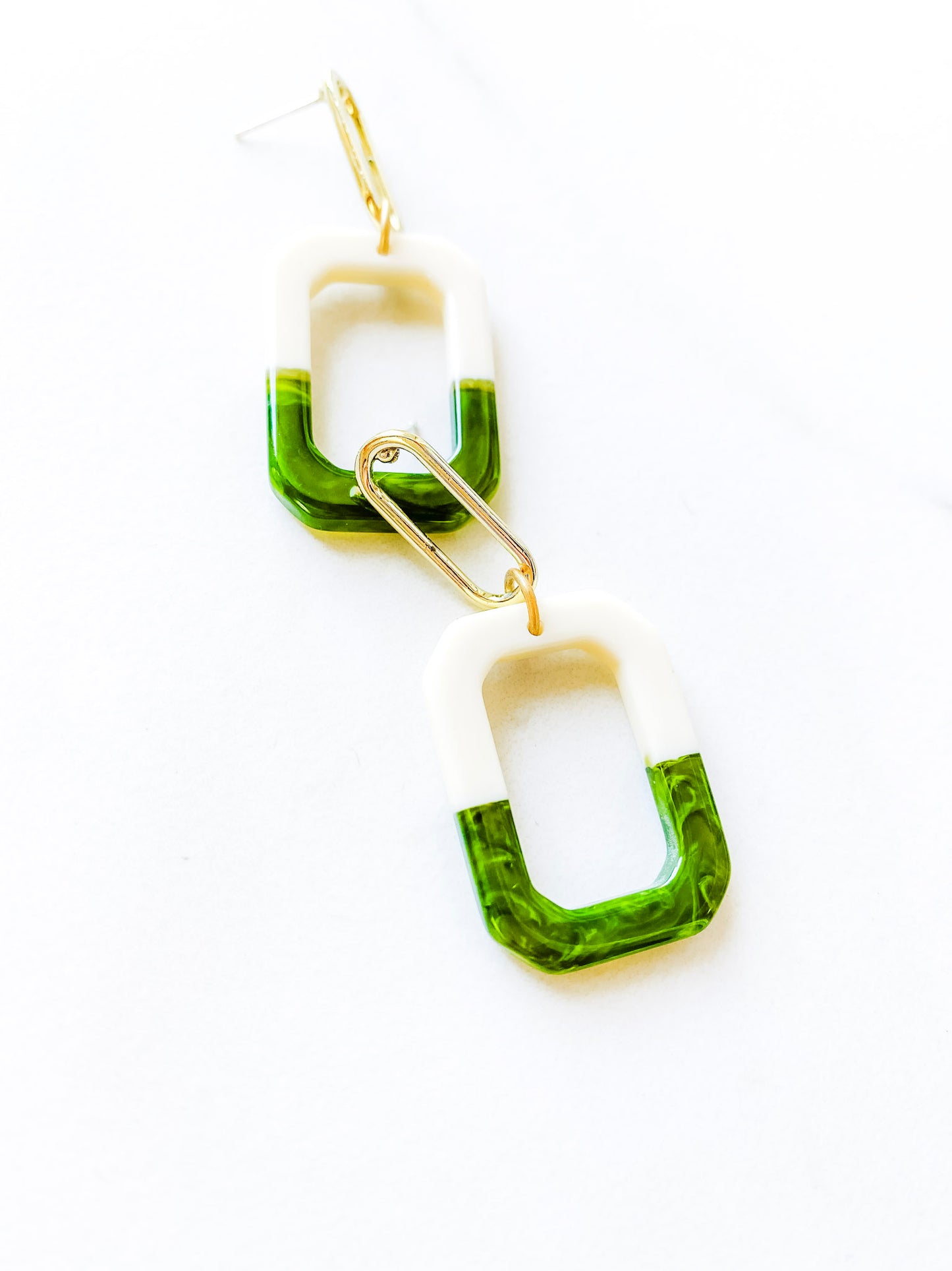 Two-Tone Double Rectangle Earrings in Green and Cream