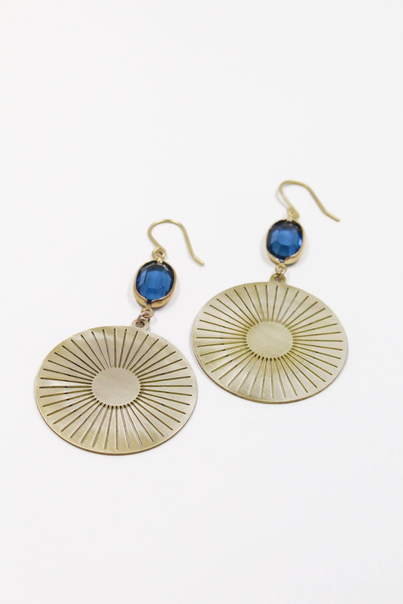 Brass Sun Medallion Earrings in Cobalt Blue